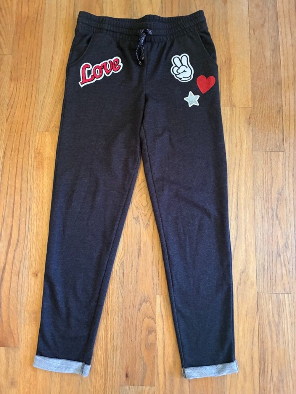 Danskin Now Girls Black Sparkle Love Patch Joggers XL 14/16